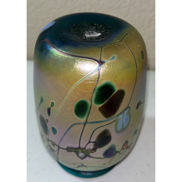 Rick Hunter ? Studio Art Glass 6 Inch Vase Abstract Design Iridescent Dated 2012 - Picture 13 of 16